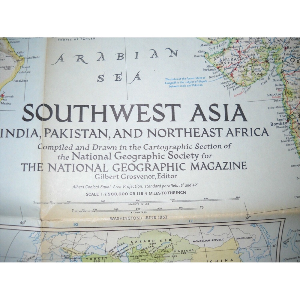 1952 Vintage National Geographic Map Southwest Asia, June 1952